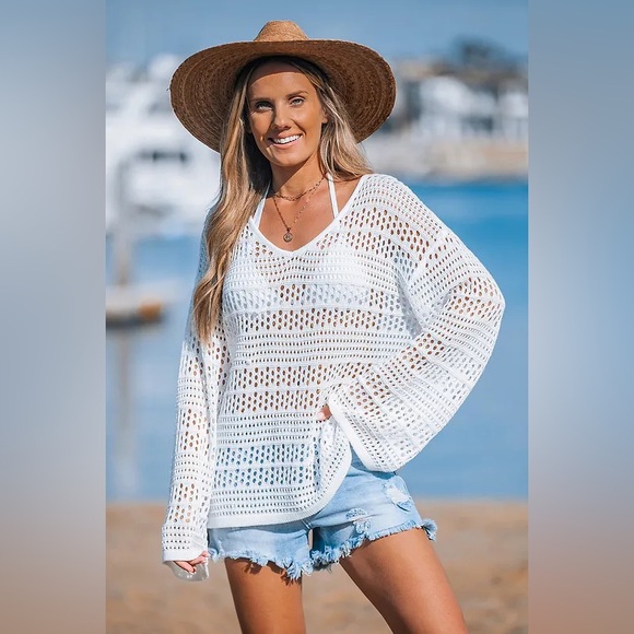 Cupshe White Crochet Long Sleeve Cover-Up Top - Picture 1 of 10